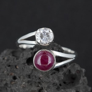 Ruby & Zircon Sterling Silver Wrap Ring - Adjustable Size R