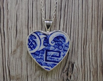 Old Willow Heart Shaped Pendant, Sterling Silver 18&quot; Necklace, Porcelain Antique China, Retro Vintage Upcycled, FREE WORLDWIDE SHIPPING