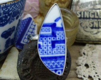 Old Willow Adjustable Ring (M-V/6.25-10.5) - Silver, Porcelain, Antique China, Blue & White, Retro, FREE WORLDWIDE Shipping (8387S)