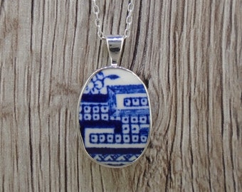 Old Willow Pendant - &#39;Geometric&#39; Pattern, Sterling Silver Necklace, Porcelain Antique China, Retro Vintage Upcycled, FREE WORLDWIDE SHIPPING