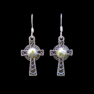 Iona Marble Celtic Cross Earrings - 925 Silver, Drop Style,  Natural Scottish Stone, Isle of Iona, Pilgrimage, FREE WORLDWIDE DELIVERY IE10
