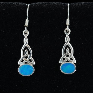 Blue Opal Doublet Celtic Earrings: 925 Sterling Silver Trinity Knot