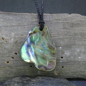 Pingente de concha de paua - concha de abalone da Nova Zelândia, formato natural, cordão ajustável, maori, kiwi, praia, iridescente ENTREGA GRATUITA NO MUNDO INTEIRO