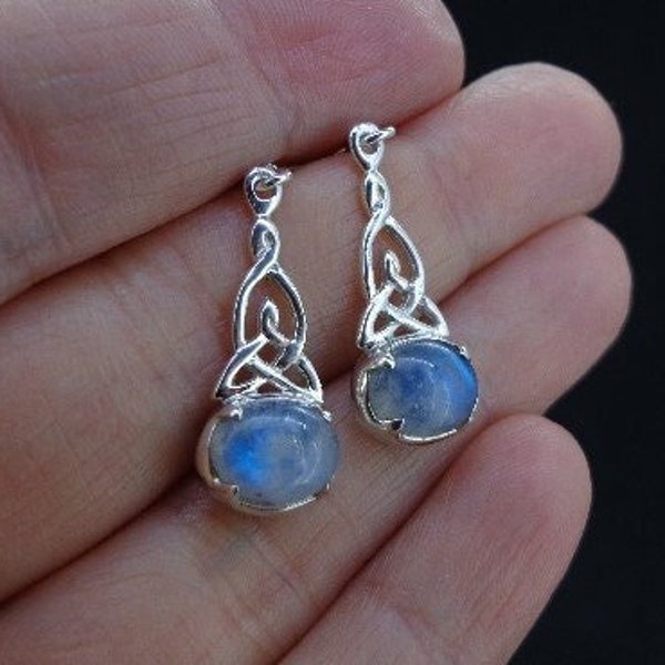 Moonstone Celtic Earrings - 925 Sterling Silver, Trinity Knot, Moon, Iridescent, Lunar, Scottish, Goddess, Calming - FREE WORLDWIDE DELIVERY