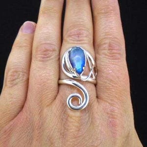 Moonstone Adjustable Wrap Ring - 925 Sterling Silver, Size N-T, Blue Gemstone Ring, Natural Blue Colour - FREE SHIPPING WORLDWIDE