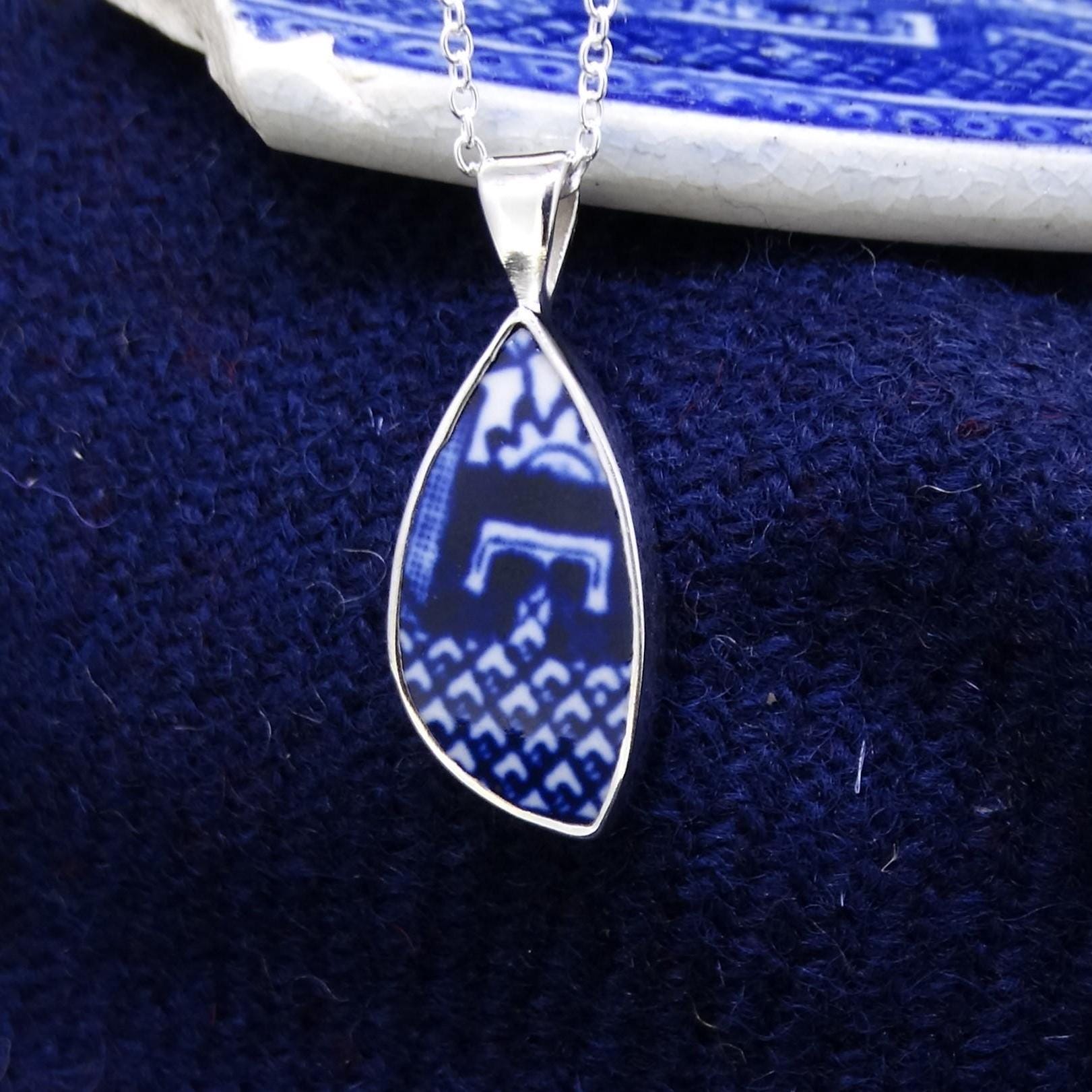Old Willow Porcelain 'Geometric' Pattern Sterling Silver Pendant, Antique Vintage China, Retro Upcycled Necklace, FREE WORLDWIDE SHIPPING