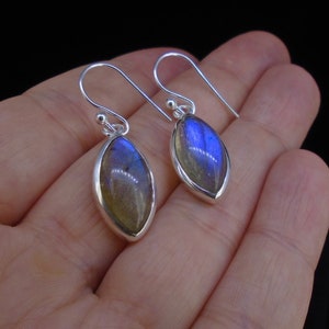 Labradorite Drop Earrings - Frame Set in 925 Silver, Translucent Beautiful Blue Flash, Aurora Borealis, Iridescent, FREE WORLDWIDE DELIVERY