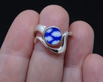 Old Willow Ring, Sterling Silver Adjustable Ring, Porcelain, Random Designs, Retro Vintage Upcycled, Recycled,  FREE WORLDWIDE SHIPPING