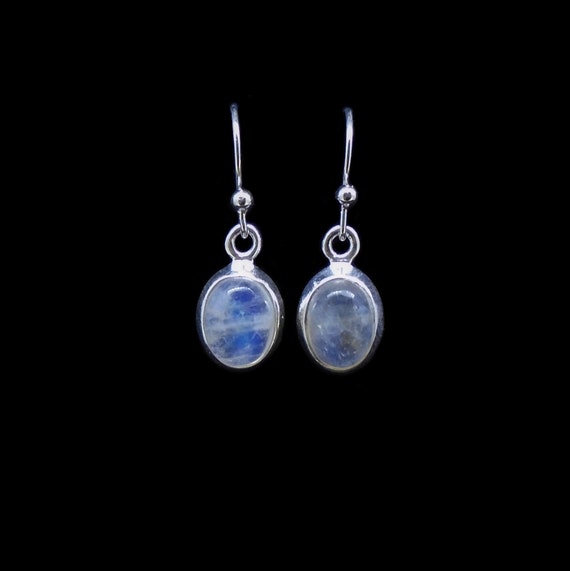 Moonstone Small Oval Earrings - 925 Sterling Silver, Drop, Classic, Moon Goddess, Lunar, Iridescent, White - FREE WORLDWIDE DELIVERY MP12E