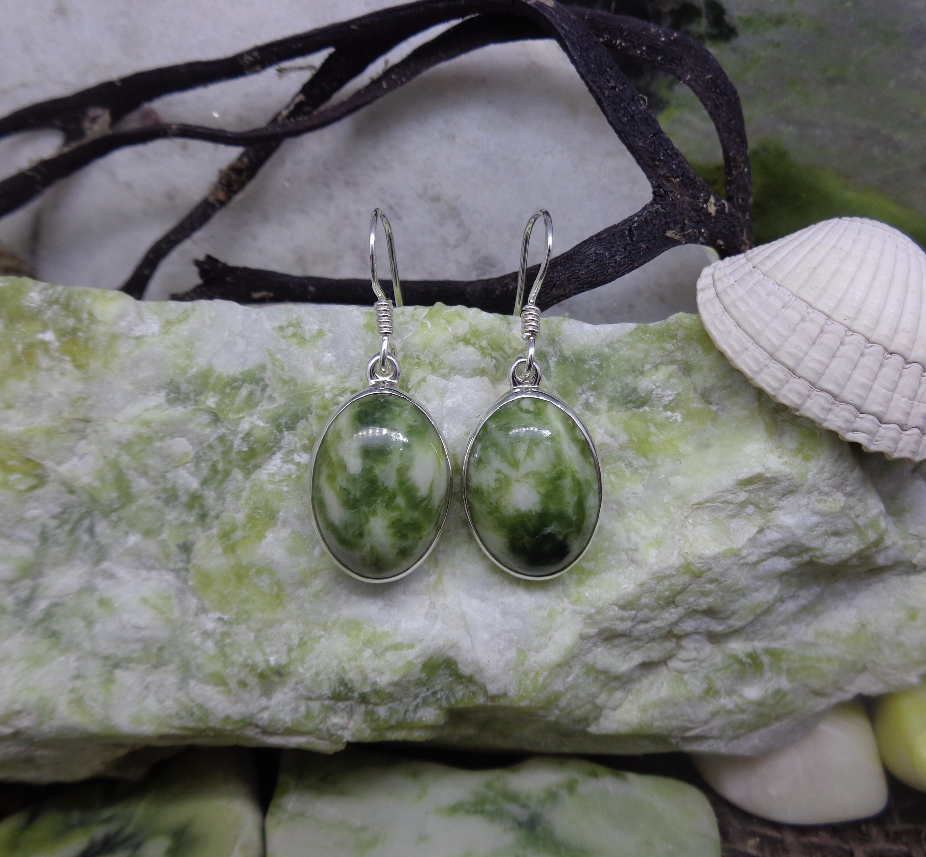 Scottish Green Marble Silver Drop Earrings Oval Frame | Etsy