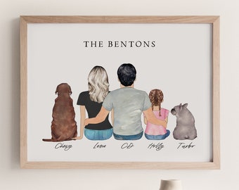 Custom Family Portrait Illustration Painting Gift for Mom and Dad, Personalized Portrait with Cat and Dog, Family Watercolor Portrait