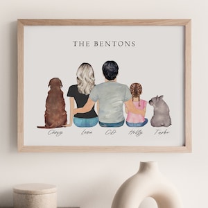 Custom Family Portrait Illustration Painting Gift for Mom and Dad, Personalized Portrait with Cat and Dog, Family Watercolor Portrait
