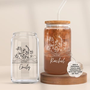 Personalized Flower Book Iced Coffee Glass Cup with Name For Book Lover Gift, Floral Coffee Cup Gift for Her Birthday, Glass Tumbler for Her