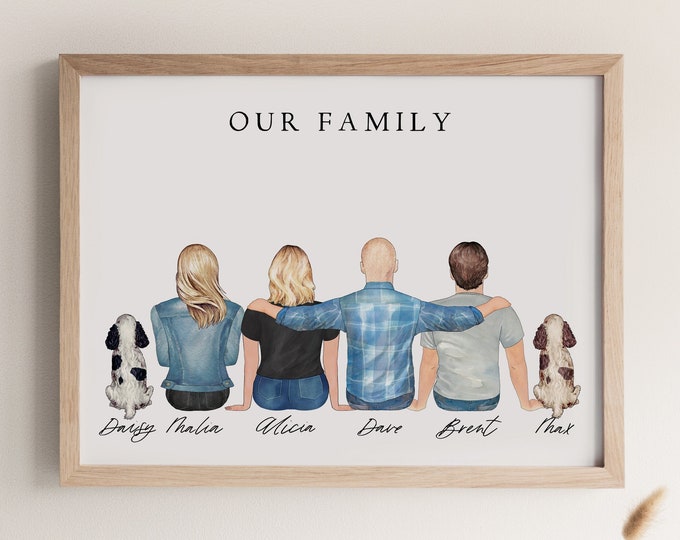 Portrait de famille personnalisé avec animaux de compagnie, cadeau fête des mères, art déco de famille personnalisé, cadeau pour maman et fille, cadeau pour papa, cadeau pour grand-mère