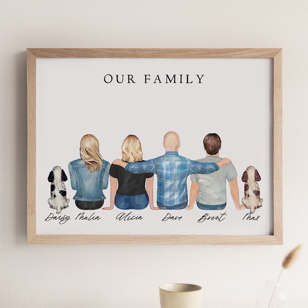 Retrato de família personalizado com animais de estimação, presente para o Dia das Mães, arte familiar personalizada em estilo art déco, presente da filha para a mãe, presente para o pai, presente para a avó.