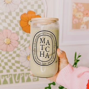 MATCHA Reusable Glass Cup Tumbler Gift for Her, Matcha Tea Cup, Iced Coffee Glass with Lid Straw, Etched Coffee Cup Birthday Gift for Women