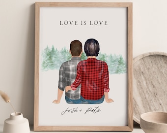 Personalized Gay Couple Portrait Print for Newlywed Gift, Christmas Wedding Gift for Gay Couple, Custom Engagement Gift for Newly Engaged