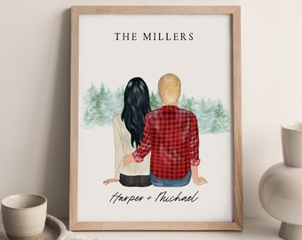 Personalized Couple Portrait Print for Wedding Gift, Custom Couple Winter Wedding Gift, Christmas Gift for Newlywed, Bride and Groom Gift