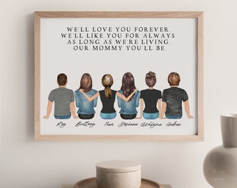 Personalized Wall Art for Mom, Birthday Gift From Daughter, Custom Family Portrait Illustration, Customizable Mom Gift From Son Family Print