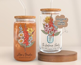 Custom Antique Flower Bouquet Glass Tumbler Gift for Mom for Mother's Day, Personalized Birth Month Flower, Mom's Garden Family Flower Art