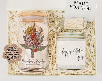 Personalized Mothers Day Gift for Grandma from Grandkids, Grandma's Garden Birth Month Flower Bouquet Glass Tumbler & Candle Birthday Box