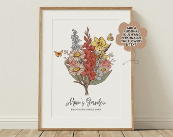 Personalized Gift For Mom, Birth Flower Bouquet Family Art for Mother's Day Gift, Custom Mom Birthday Gift from Daughter, Mom's Garden Gift