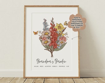 Personalisiertes Geschenk für Oma, Geburtsblumenstrauß-Familienkunst für Muttertagsgeschenk, kundenspezifisches Nana's Garten-Geburtstagsgeschenk von Enkelkindern