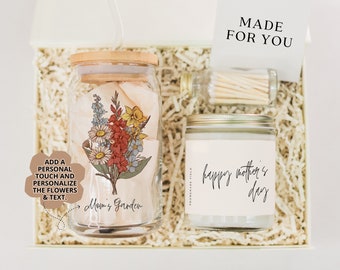 Personalized Birth Month Flower Bouquet Glass Tumbler & Candle Gift Box for Mom, Custom Mother's Day Gift, Mom's Garden Family Flower Art