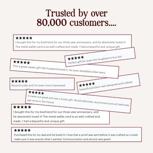 May include: A collection of customer reviews displayed as rectangular boxes with five-star ratings. The text reads Trusted by over 80,000 customers, followed by various testimonials praising a metal wallet card gift for anniversaries and family members.