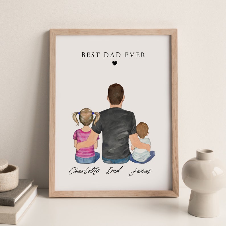 A framed illustration of a father and two children