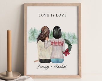 Personalized Lesbian Portrait Print for Newly Engaged Gift, Custom Engagement Gift for Lesbian, Unique LGBTQ Gift for Lesbian Christmas Gift