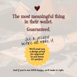 May include: A promotional graphic featuring a dark red heart icon and text that reads: The most meaningful thing in their wallet. Guaranteed. See a preview before we make it. We'll send you a design proof for approval so you know it's perfect. And if you're not 100% happy, we'll make it right.