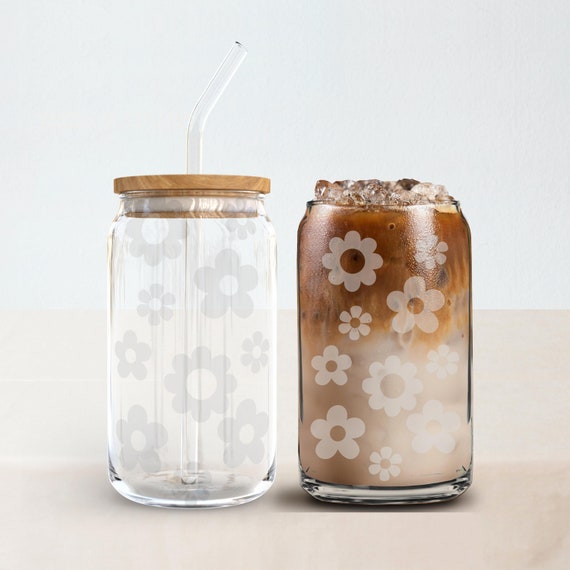 Retro Flower Iced Coffee Glass Cup With Lid and Straw Etched - Etsy