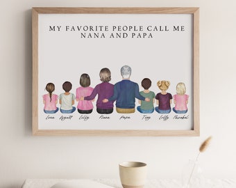 Mothers Day Gift for Grandparents, Custom Family Portrait Illustration, Grandma Grandpa Gift from Grandkid, Personalized Wall Art and Decor