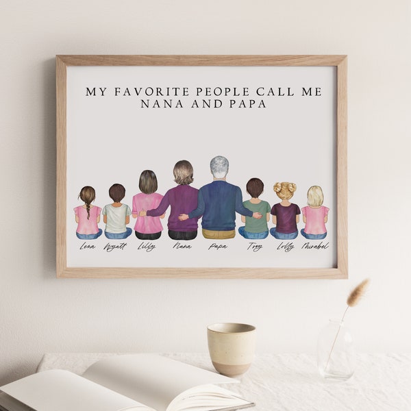 Mothers Day Gift for Grandparents, Custom Family Portrait Illustration, Grandma Grandpa Gift from Grandkid, Personalized Wall Art and Decor