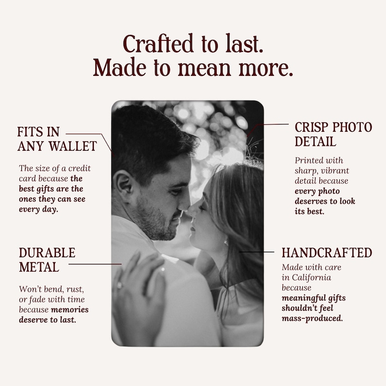 May include: A rectangular metal card featuring a black and white photograph of a couple. Text includes: Crafted to last. Made to mean more. FITS IN ANY WALLET, CRISP PHOTO DETAIL, DURABLE METAL, and HANDCRAFTED, along with descriptive product information.
