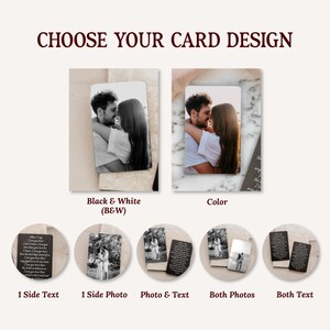 May include: A rectangular metal card featuring custom photo and text options. The display shows a black and white photo version, a color photo version, and five circular examples labeled 1 Side Text, 1 Side Photo, Photo & Text, Both Photos, and Both Text.