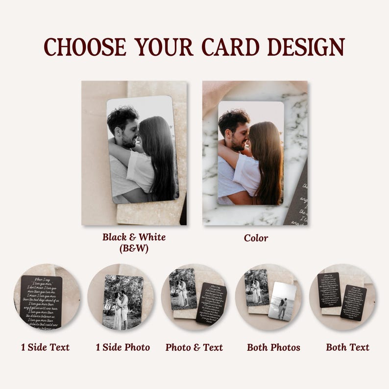 May include: A rectangular metal card featuring custom photo and text options. The display shows a black and white photo version, a color photo version, and five circular examples labeled 1 Side Text, 1 Side Photo, Photo & Text, Both Photos, and Both Text.