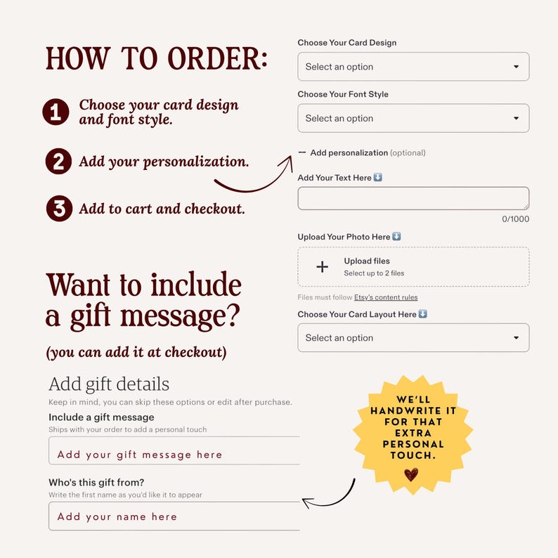 May include: An instructional graphic titled HOW TO ORDER with three numbered steps, dropdown menus for card design and font style, a text box for personalization, a file upload area, and a section for gift messages with a yellow starburst graphic.