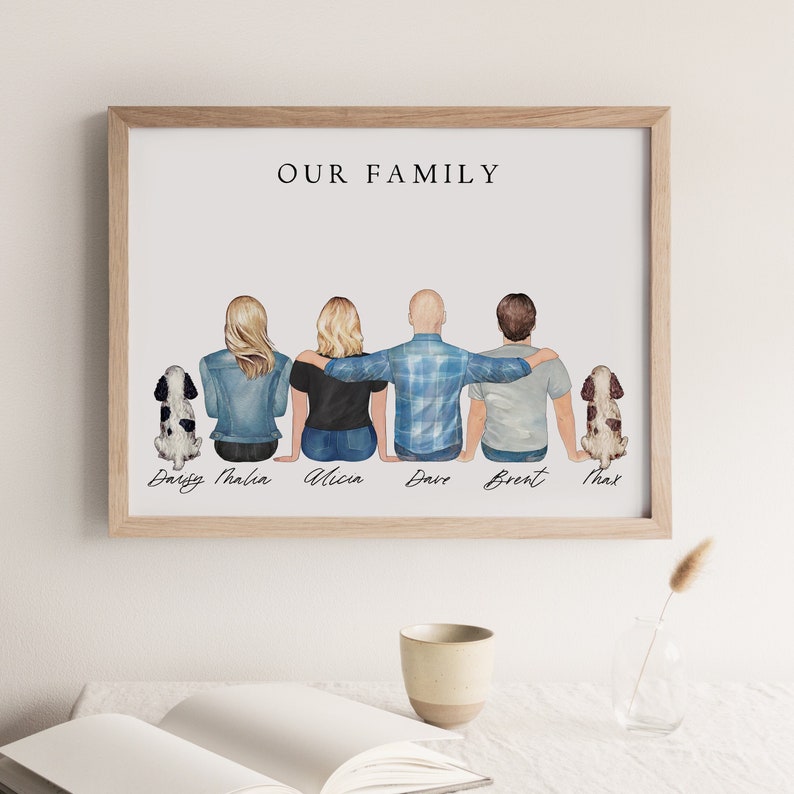 Custom Family Portrait with Pets, Mothers Day Gift, Personalized Family Art Deco, Gift for Mom from Daughter, Gift for Dad, Gift for Grandma 