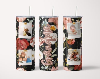 Personalized Floral Tumbler Cup with Custom Photos for Grandma from Grandkids, Custom Mother's Day Gift for Mom, Nana Birthday Gift