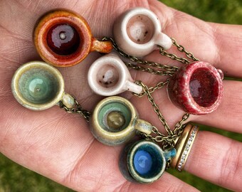 Micro Mug Necklace, Various #6, Rustic Mini Pottery Teacup Pendant, mini ceramic jewelry/jewellery, coffee lover gift wheel-thrown stoneware
