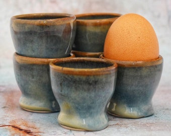 Rustic Egg Cups, Set of Six (6), for Medium/Large Eggs, blue & bronze, unique stoneware, artisan, UK studio pottery, wheel-thrown