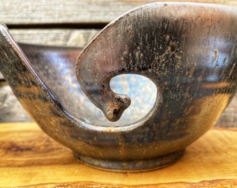 Large Handmade Yarn Bowl, Ceramic, wheel-thrown stoneware, antique bronze glaze, knitting, crochet, wool, craft, 18.5cm Dia x 7.25cm H