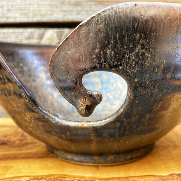 Large Handmade Yarn Bowl, Ceramic, wheel-thrown stoneware, antique bronze glaze, knitting, crochet, wool, craft, 18.5cm Dia x 7.25cm H