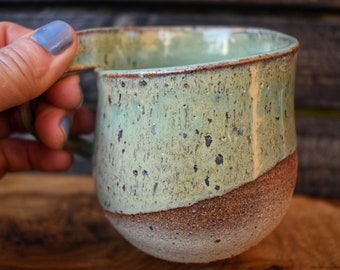 Left Handed Hygge Mug, Sage Green, Flecked Stoneware, Unique, Rustic, Wheel-thrown Pottery, Studio Ceramics, 280ml/310ml (9.5/10.5 US fl oz)