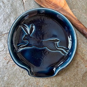 Handmade Ceramic Hare or Rabbit Spoon Rest: Blue/Purple Glaze