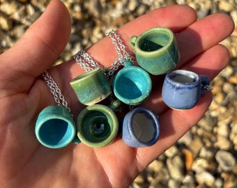 Micro Mug Necklace, Rustic Wheel-Thrown Stoneware Teacup Pendant, Mini Ceramic Jewelry