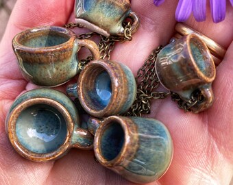 Micro Mug Necklace, Rustic Mini Pottery Teacup Pendant, miniature ceramic jewelry/jewellery, wheel-thrown stoneware, artisan, UK studio