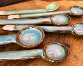 Handmade Rustic Ceramic Spoon, Green, Blue & Bronze, pottery spoon, Coffee/Salt/Sugar, handmade, artisan studio pottery, Pots About Pottery